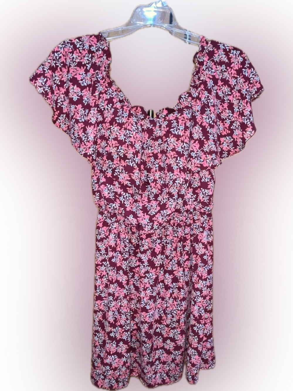 Express Burgundy and Pink Floral Ruffle-Sleeve Off the Shoulder Dress M